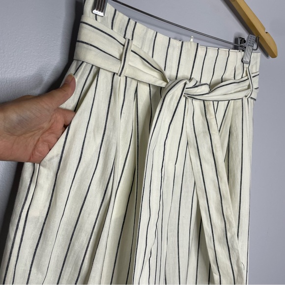 Mango Linen Blend Striped Wide Leg Belted Cropped Pants High Rise Nautical Sz 2 - Picture 7 of 10